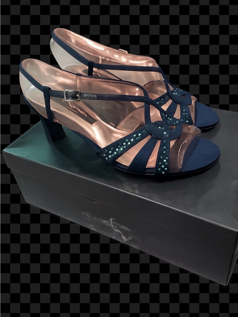 Womens Navy Blue Mid-Heel Slingback Sandals with Decorative Studs